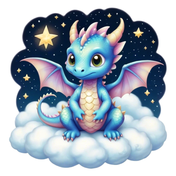 Airbrush painted image of an adorable little baby dragon with large glistening eyes sitting on a cloud under a deep galactic sky with pearlescent scales and wings spread against the stars sticker
