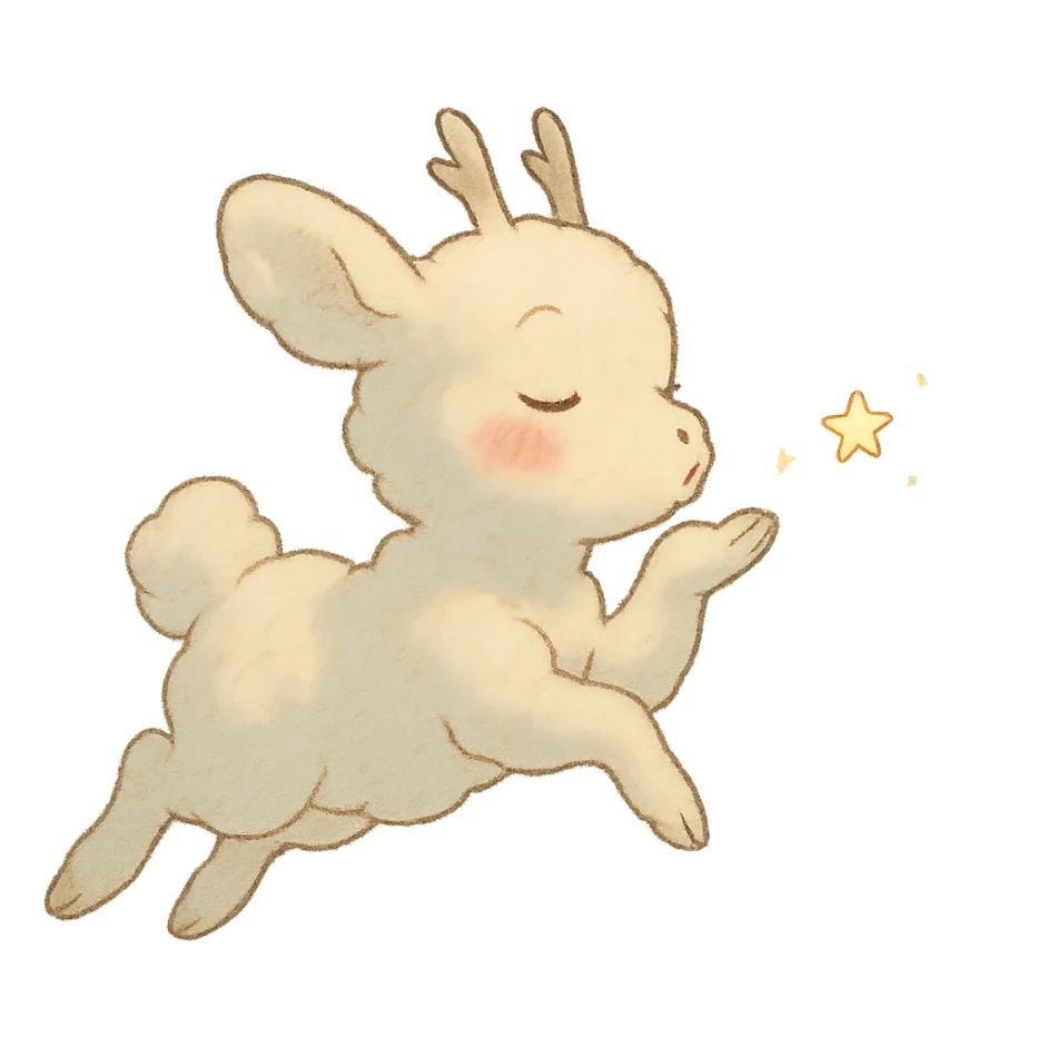 vanilla cloud doe with rosy cheeks, floating in the air, blowing a sparkling kiss, soft ghibli style sticker