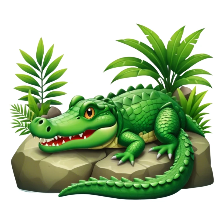 Crocodile resting, surrounded by rocks, water, and tropical plants. The green scales of the crocodile glisten under the light, with its sharp eyes focused ahead. The background features a naturalistic habitat with plants and water, giving it a lifelike feel. sticker