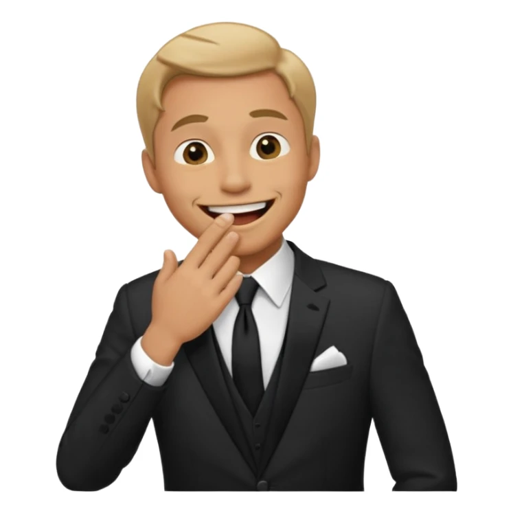 a man in a formal suit laughs, covers his mouth with his hand sticker