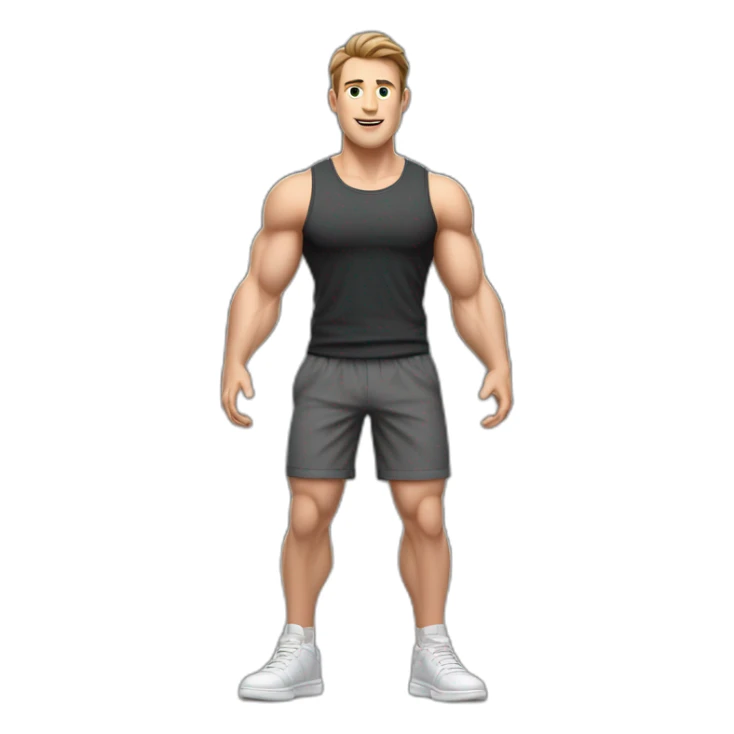 Full height realistic Actively gesturing with hands Pale skinned Fit Man With the biceps and brown hair in dark gray Sleeveless Mike, black oversize sports shorts, watch and white Sneakers sticker