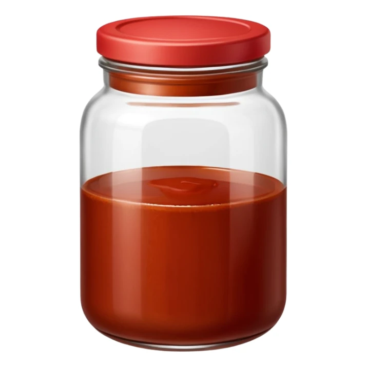realistic glass jar with enchilada sauce, reddish-brown, smooth thick glossy sauce, visible texture, deep earthy red, simple minimal jar, closed or open lid, no label, no spoon, no garnish, no faces, clean 3D, soft lighting, transparent background, emoji scale sticker