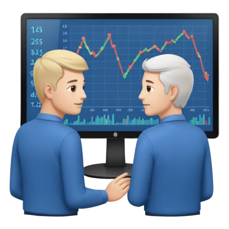teaching somebody else in person, in the same place, watching the same monitor together, the trainee and trainer are in the similar age, two both are men, the monitor should be showing some data graphs  sticker
