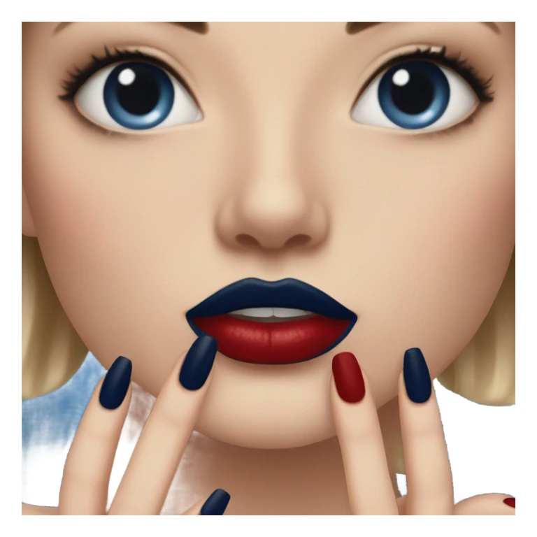 long dark blue manicure at the mouth with red lipstick sticker