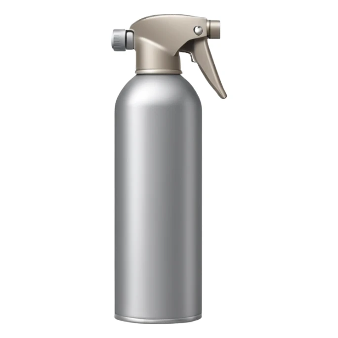 slim aerosol can with smooth metallic or matte finish, capped with rounded nozzle, subtle shine, neutral coloring grey beige or dark blue, utility without branding, closed spray bottle, soft lighting, subtle shadows, emoji scale sticker
