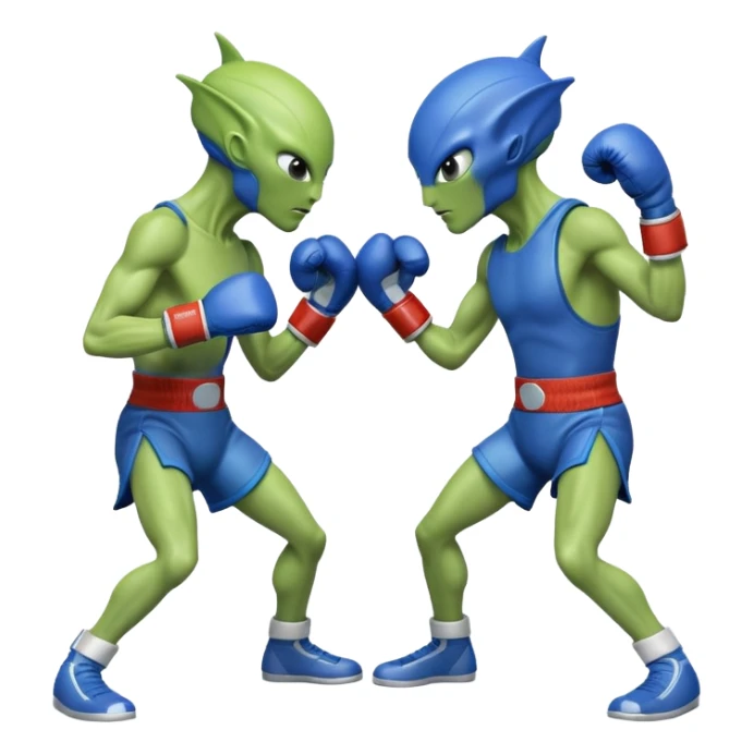 two aliens boxing in a fight stance, facing each other with raised gloves, dynamic action pose, intense expressions, sci-fi arena vibe, 3D cartoon style, mobile game icon style, clean background, no text, no watermark
 sticker