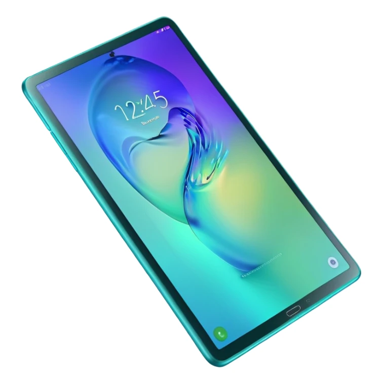 Detailed hyperrealistic Samsung galaxy 10 tablet, with a bright turquoise cover case that sparkles with lots of colors, 3d render, isolated, still life sticker