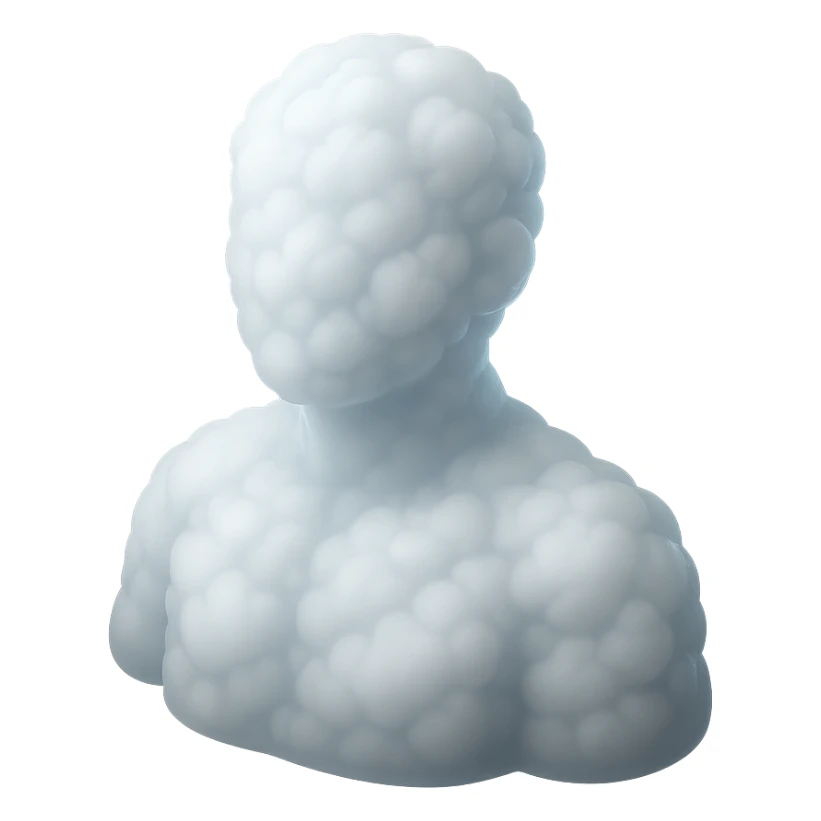 faceless person, facing straight, composed entirely of white fluffy convex clouds, shoulders up, no shadows, matte glass style sticker