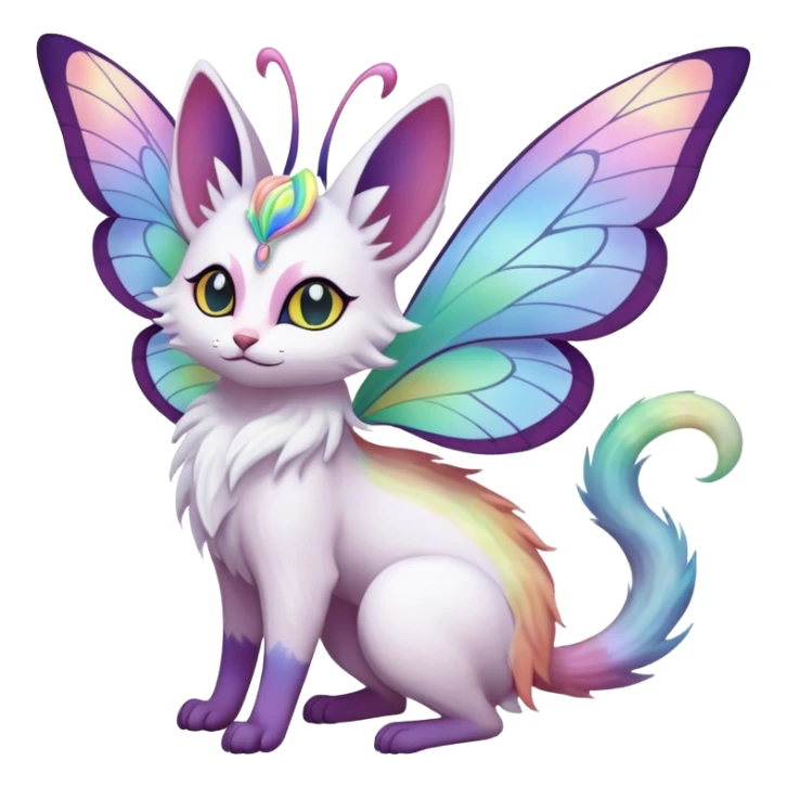 Pure-snow-White albino iridescent with pastel rainbow-gradients-color-markings with swirly patterns butterflies  faerie-Noivern-Noibat-Purloin-Torracat-Lykoi-Caracal-cat-Fakemon-fusion-hybrid-creature sticker