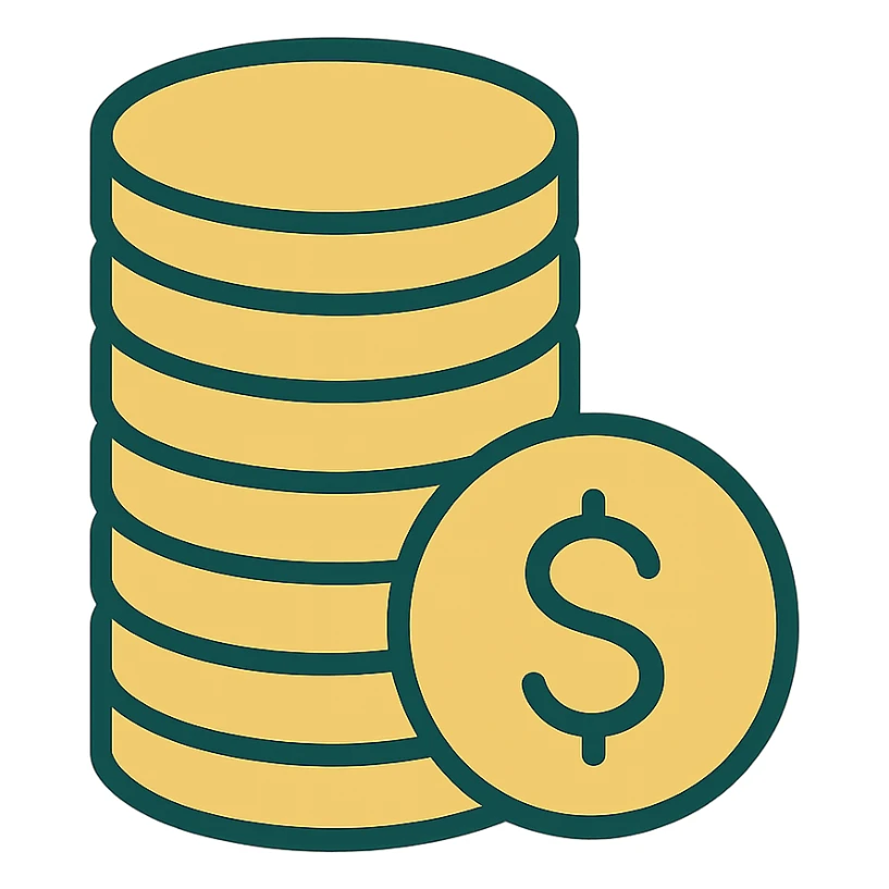 stack of coins, modern look, green gold and white color scheme, rounded shapes, simple design sticker
