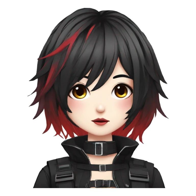 Gorgeous dark techwear anime style lady with blushing face aesthetic and pretty edgy black red punk messy hair with collar and harness trending style sticker