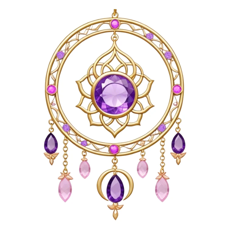 Epic beautiful gorgeous cute gold suncatcher, threads with shiny sparkly amethyst and rose-quartz gemstones, flowers, crescents-moons sticker