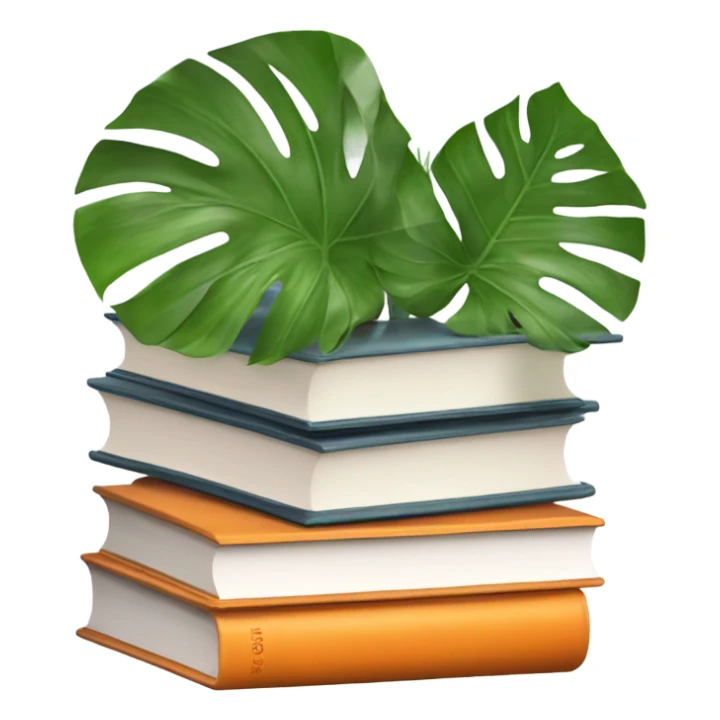 An aesthetically pleasing stack of books with orange covers and behind them a potted monstera  sticker