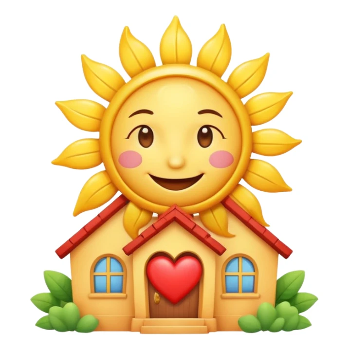 cheerful daycare house, smiling sun above, heart symbol, bright and cute sticker