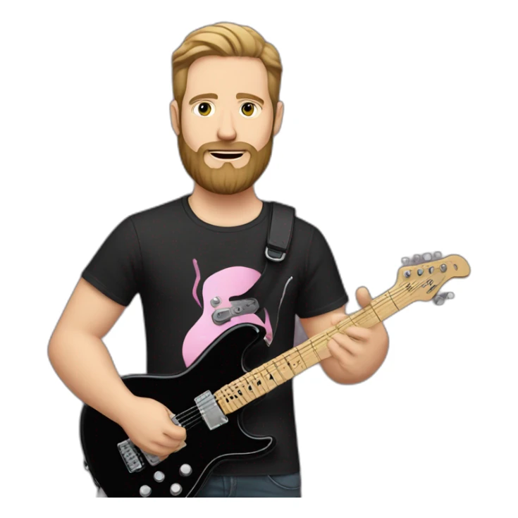 white man with beard and black t shirt and pink electric guitar sticker