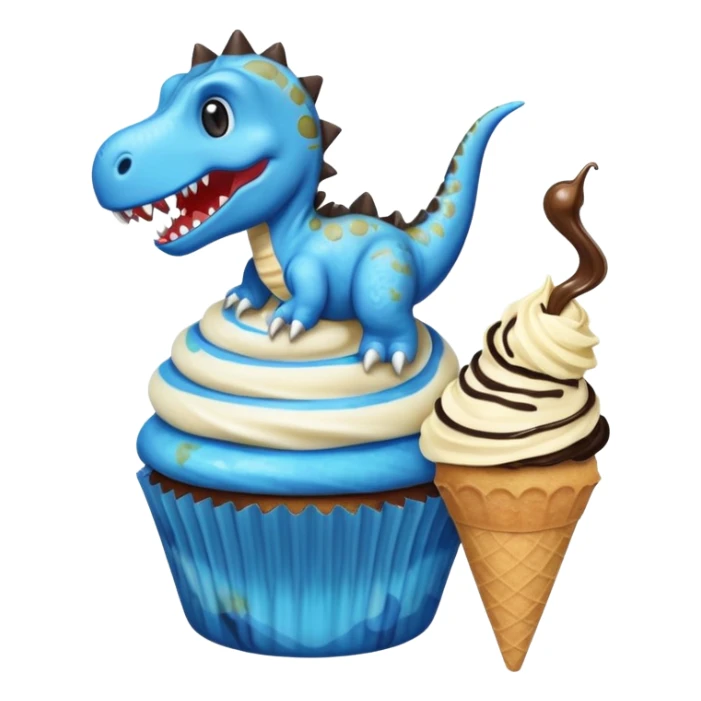 A cupcake having blue and black icing and a dinosaur as a decoration and ice cream next to it sticker