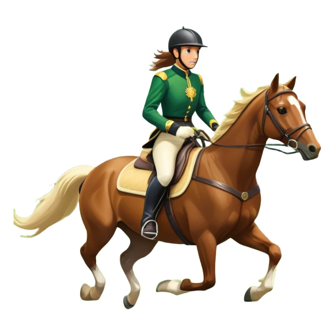 An icon featuring a horse and rider galloping gracefully over a lush green field. The rider is in full gear, guiding the horse with precision. The background shows rolling hills, a clear blue sky, and vibrant sunlight illuminating the scene. Transparent background highlights the elegance sticker