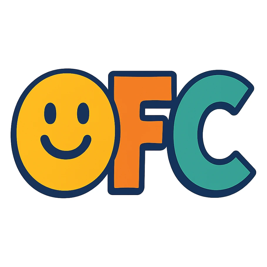 OFC letters, playful with a smiling face in the design, logo style sticker