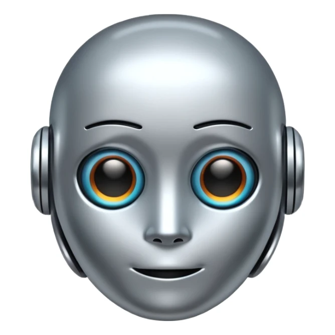 A cute futuristic robot emoji made of silver chrome, rounded friendly body, minimal facial features, glossy metallic surface, soft reflections, iOS emoji style, centered, clean white background sticker
