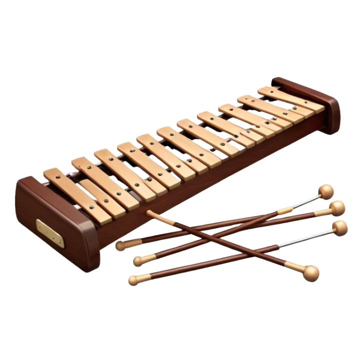 Create a detailed and professional emoji representing a Fleet FLT-SX37 orchestral wooden xylophone. The design should showcase the large, wooden bars of the xylophone arranged in a traditional layout, with a polished, smooth finish. The bars should be dark brown or mahogany, with soft metallic reflections on the resonators underneath. Include two mallets with rubber or wooden heads resting on the bars, emphasizing their role in striking the notes. The xylophone should have a sophisticated and professional appearance, with clean lines and a polished look. Add subtle musical notes or sound waves to represent the vibrant sound produced by the instrument. The background should be transparent. sticker