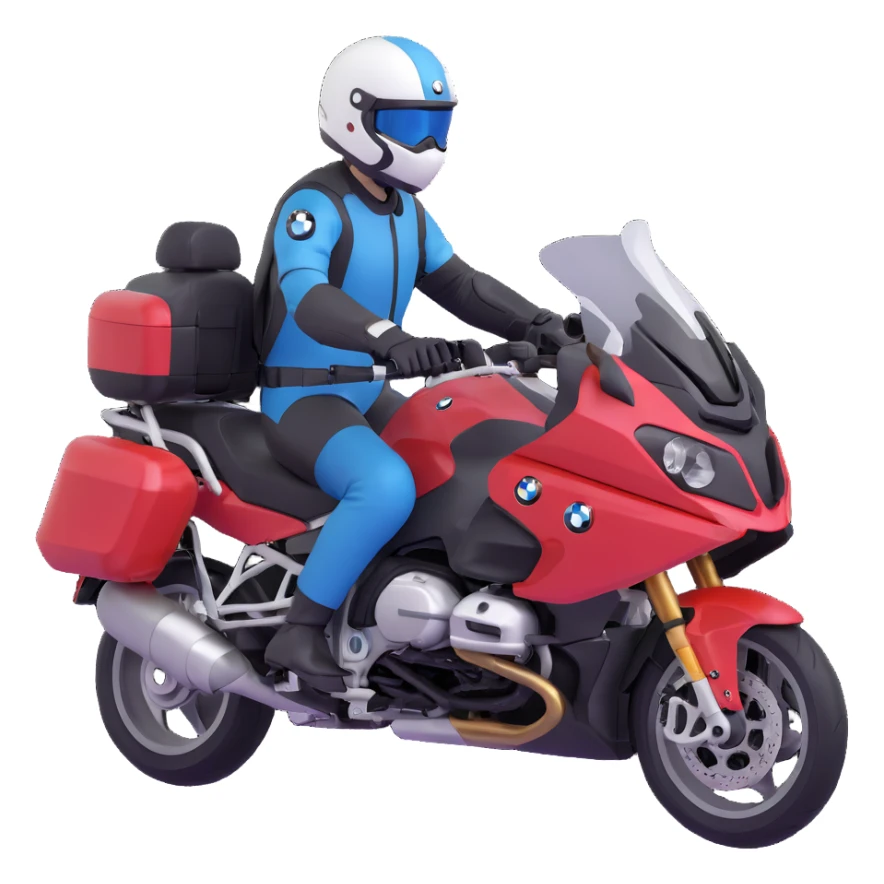 BMW RT1200 touring motorcycle with rider wearing helmet sticker