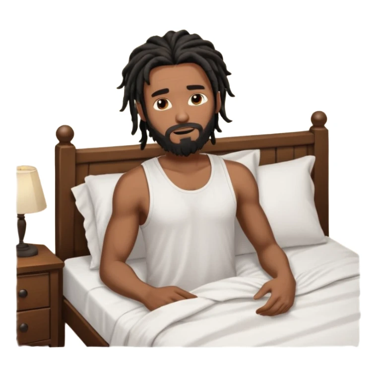 African American man with shoulder length black dreadlocks with black beard wearing a men's white tank top shirt waking up in the bed sticker
