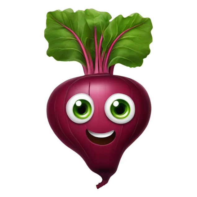 miling beetroot with big expressive eyes, rosy cheeks, and a green leaf on top. Simple and bright design with a cheerful and cartoonish style. sticker