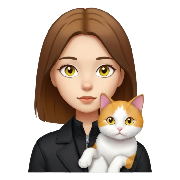 Light-skinned girl with brown straight hair wearing a black jacket, with a pure white cat with yellow eyes and a calico cat sticker