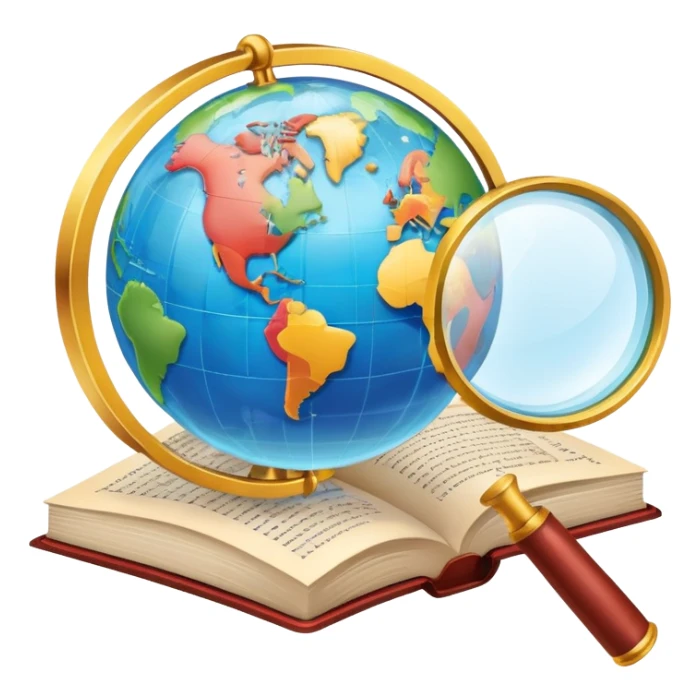 An icon featuring an open book, a speech bubble, and a magnifying glass, symbolizing philology and linguistics. The design includes language symbols, a globe, and alphabet letters, representing the study of languages and their structures. Transparent background  sticker