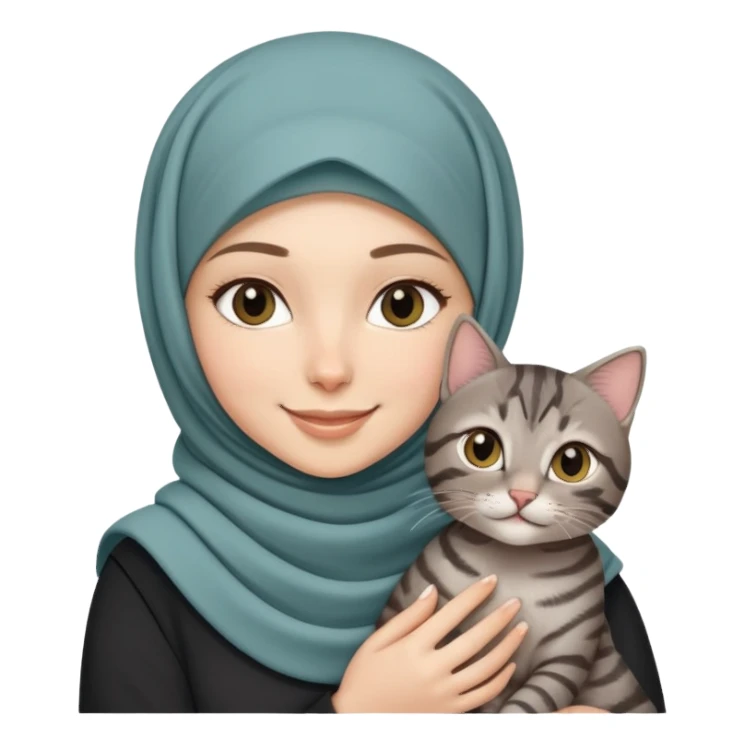 White girl wearing hijab smiling while holding a black grey tabby cat sticker