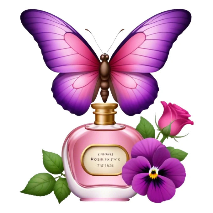"With vibrant Tyrian Purple and Jasper Red wings, a butterfly flutters near an elegant Rosewater Pink perfume bottle. Misty Rose pansies surround the setting, adding a touch of gentle floral beauty." sticker