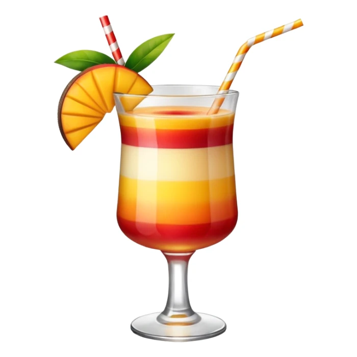 A beautiful cocktail with a gradient from red to orange, topped with mango pudding and lined with a striped straw. sticker