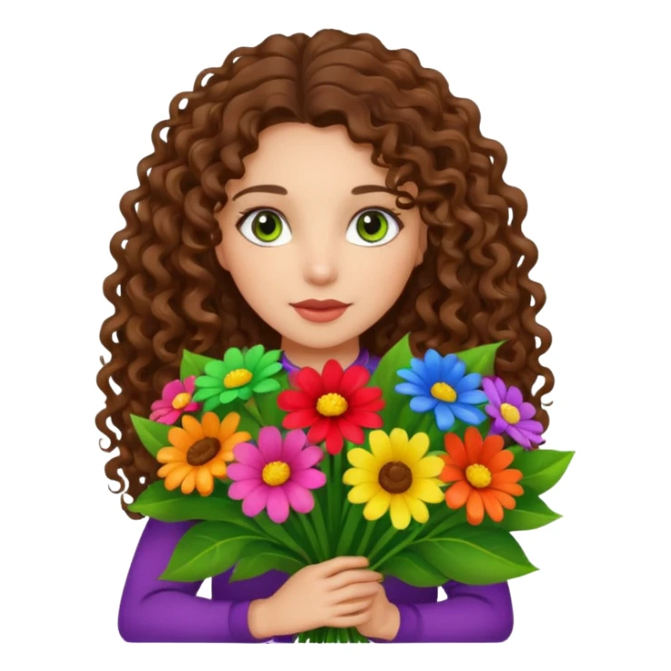 light skinned brunette long curly haired girl with green/hazel eyes holding big bright bunch of flowers. White background. sticker