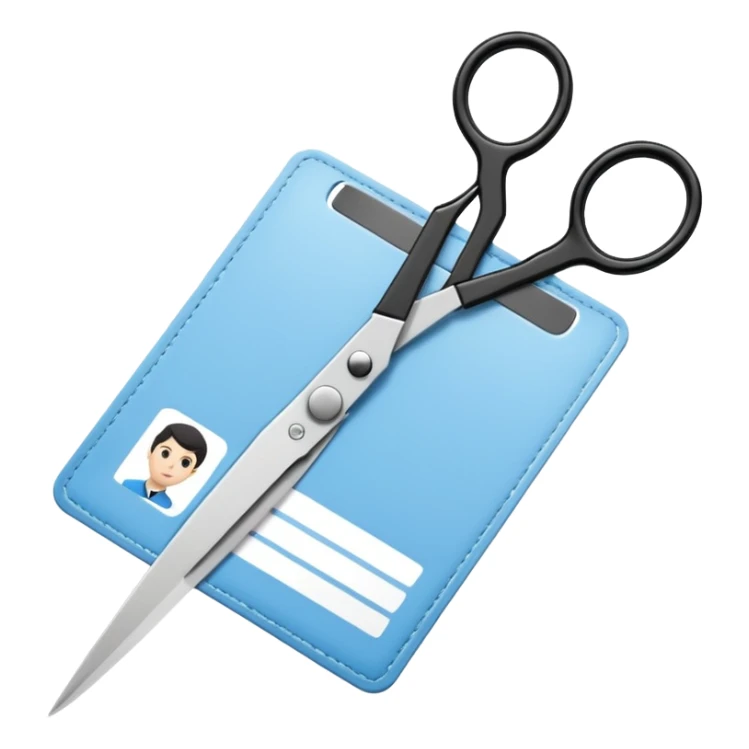 black Scissors cutting a light blue idf ID card in 2 parts .hyper realistic sticker