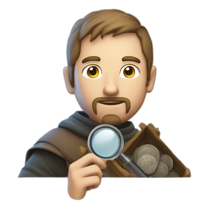 medieval coin collector, looking at a coin with a magnifying lense sticker