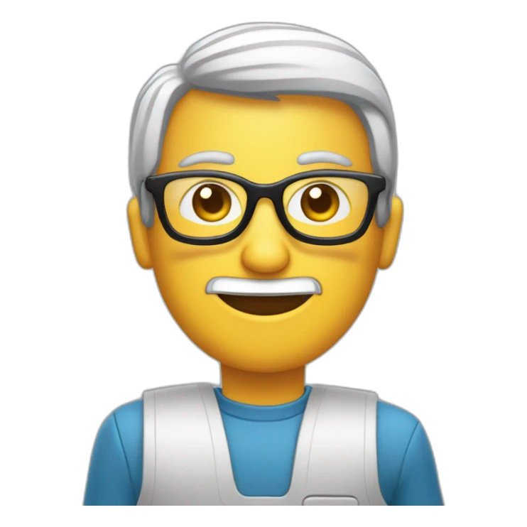 una persona con lentes sentado en una computadora dice con su mano buenos días sticker