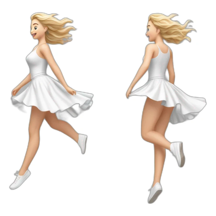 Hyperrealistic Full body Caucasian curvy beauty jumping white skirt back and front views strong wind sticker