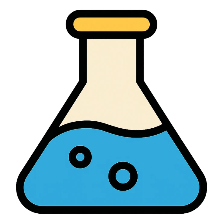 chemical flask filled with blue liquid, clean modern style sticker