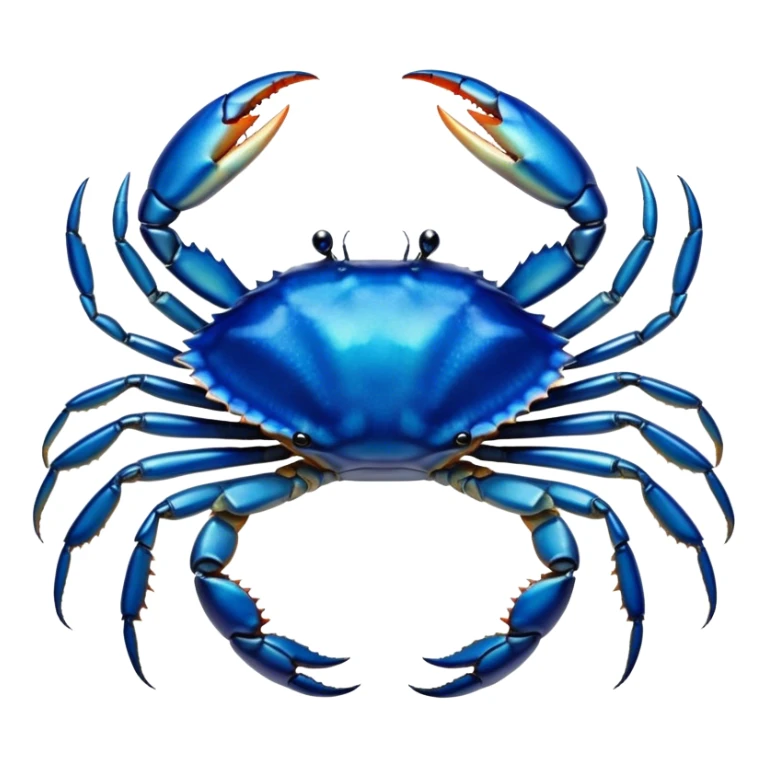 Cinematic Noble Blue Crab Portrait Emoji, Poised and commanding, with a sturdy, angular build and a brilliantly iridescent blue exoskeleton accented by robust, gleaming claws, deep-set piercing eyes, Simplified yet sharp and sophisticated features, highly detailed, glowing with a cool, oceanic glow, high shine, intelligent and resilient, stylized with an air of marine authority, focused and attentive, soft glowing outline, capturing the essence of a watchful and confident blue crab that feels as though it could scuttle out of the screen with effortless authority! sticker