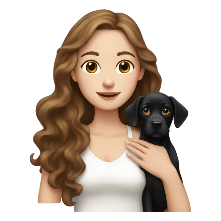 White girl with wavy brown hair holding a black Labrador sticker
