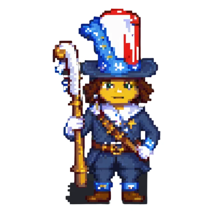 pixel art of Yankee Doodle playing a fife, marching sticker