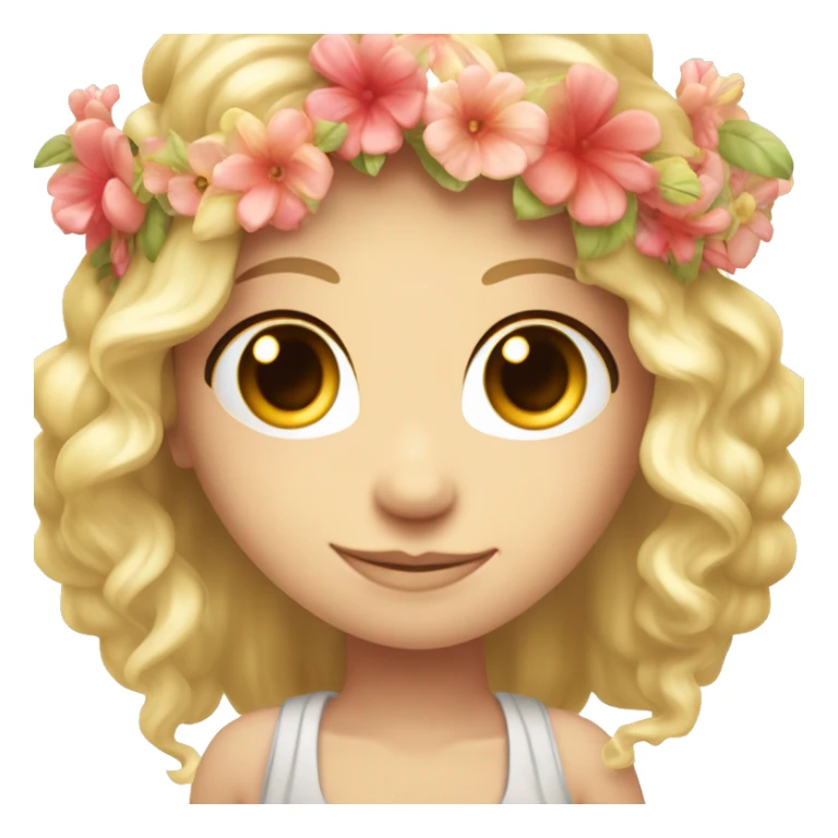 “Crée un emoji mignon représentant une déesse avec des grands yeux brillants, une couronne de fleurs, et un cœur lumineux à côté. sticker