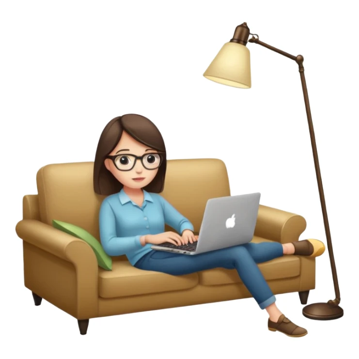 A girl is working with a laptop while lying on a sofa, with a floor lamp to the right. sticker