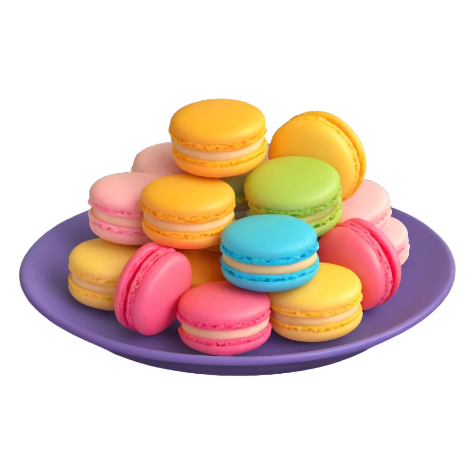 Create a 3D model of colorful macarons arranged on a plate, in the iOS 18 style with smooth, realistic textures and vibrant pastel colors, matching the reference image. sticker