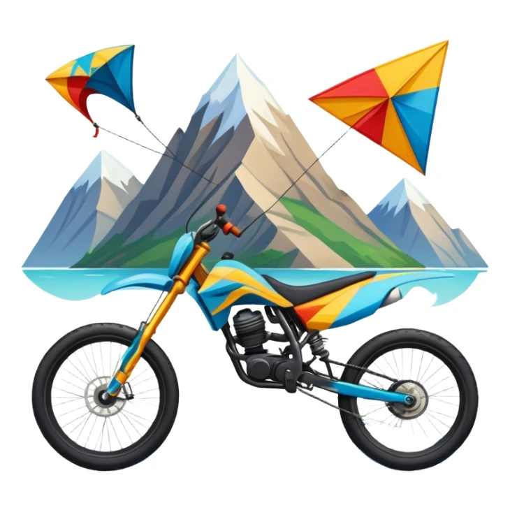 An emblem-style design representing extreme sports and lifestyle, featuring symbols of adventure such as a mountain, a sea, a kite, and a bike. The design is bold and dynamic, with sharp lines and energetic colors, capturing the essence of thrill, freedom, and adrenaline. sticker
