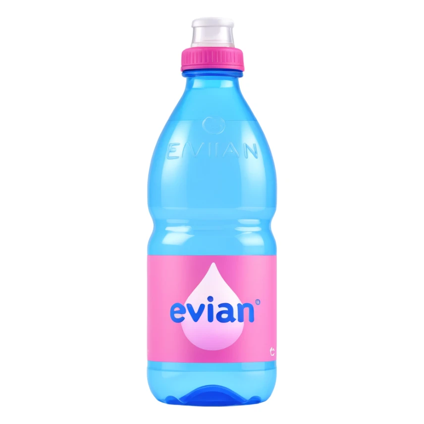 Evian water bottle, 3D style, glossy plastic, blue and pink label, condensation, white background sticker