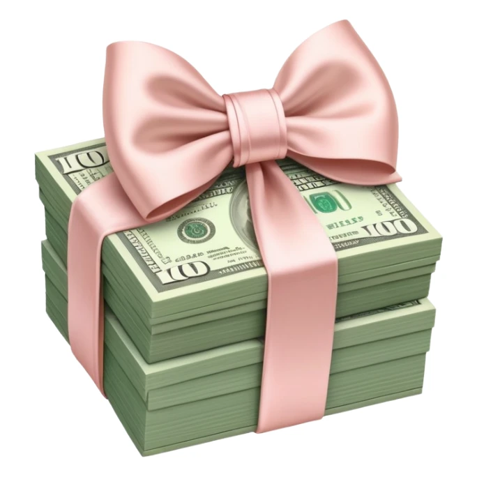 Neat money stack tied with a blush satin bow, muted green $100 bills, soft luxury rich  sticker