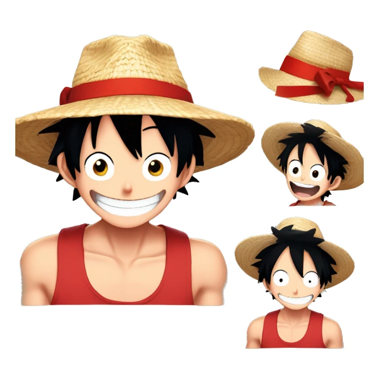 Monkey D LUFFY, Young guy with black hair in a red tank top, wearing a straw hat with a  red ribbon is making an extremely goofy silly face with a huge smile sticker