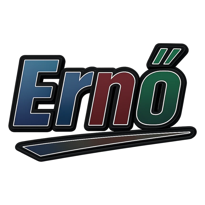 Ernő name in masculine, modern, gradient font with dark contour, thin and clearly visible white border around letters, dynamic slanted underline, masculine color shades (blue, gray, burgundy, green, brown), 1000x1000 px, PNG, transparent background, in the style of the uploaded Attila sample. sticker