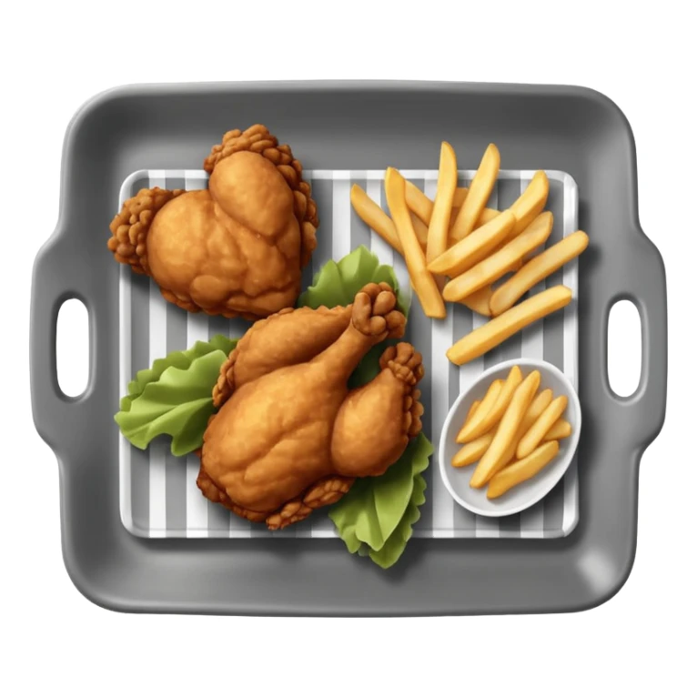 Fried chicken with fries in a grey rectangle plate with paper black and white  sticker